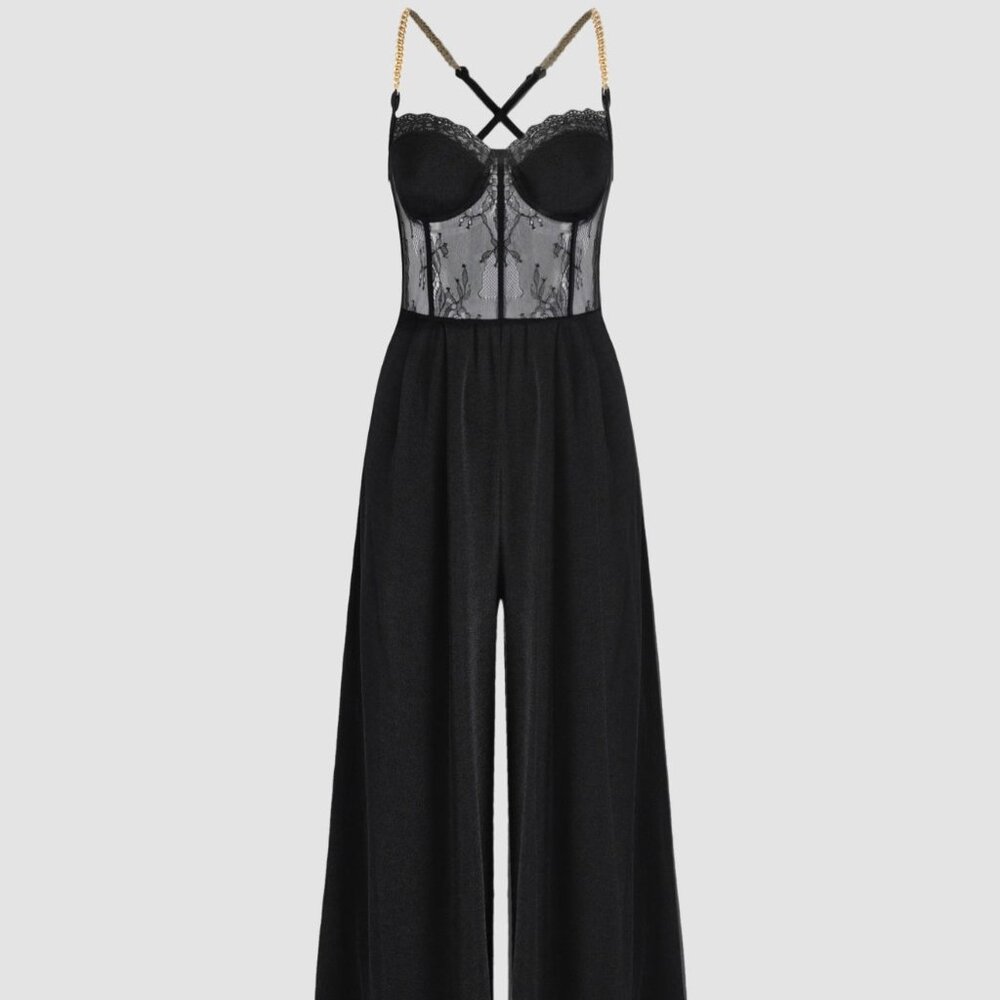 Cider Black Lace Bustier Wide-Leg Jumpsuit with Gold Chain Straps